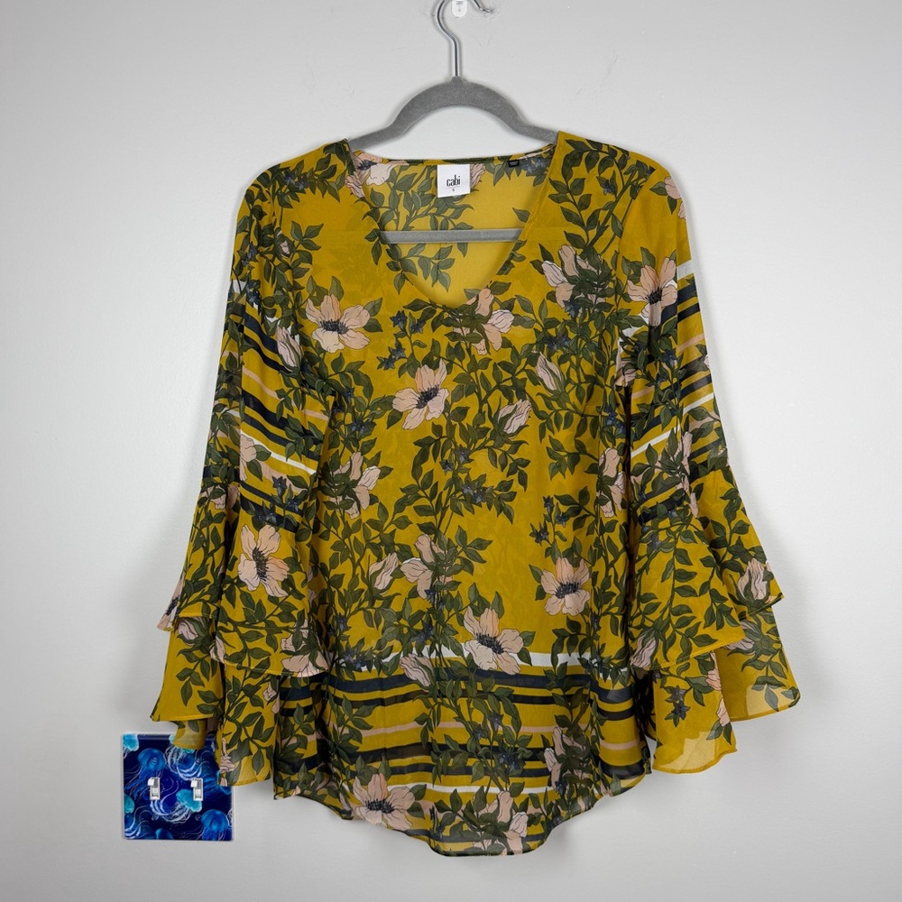 Cabi #5518 Spring Scene Yellow Flounce Sleeve Floral Boho Work Blouse Top Small